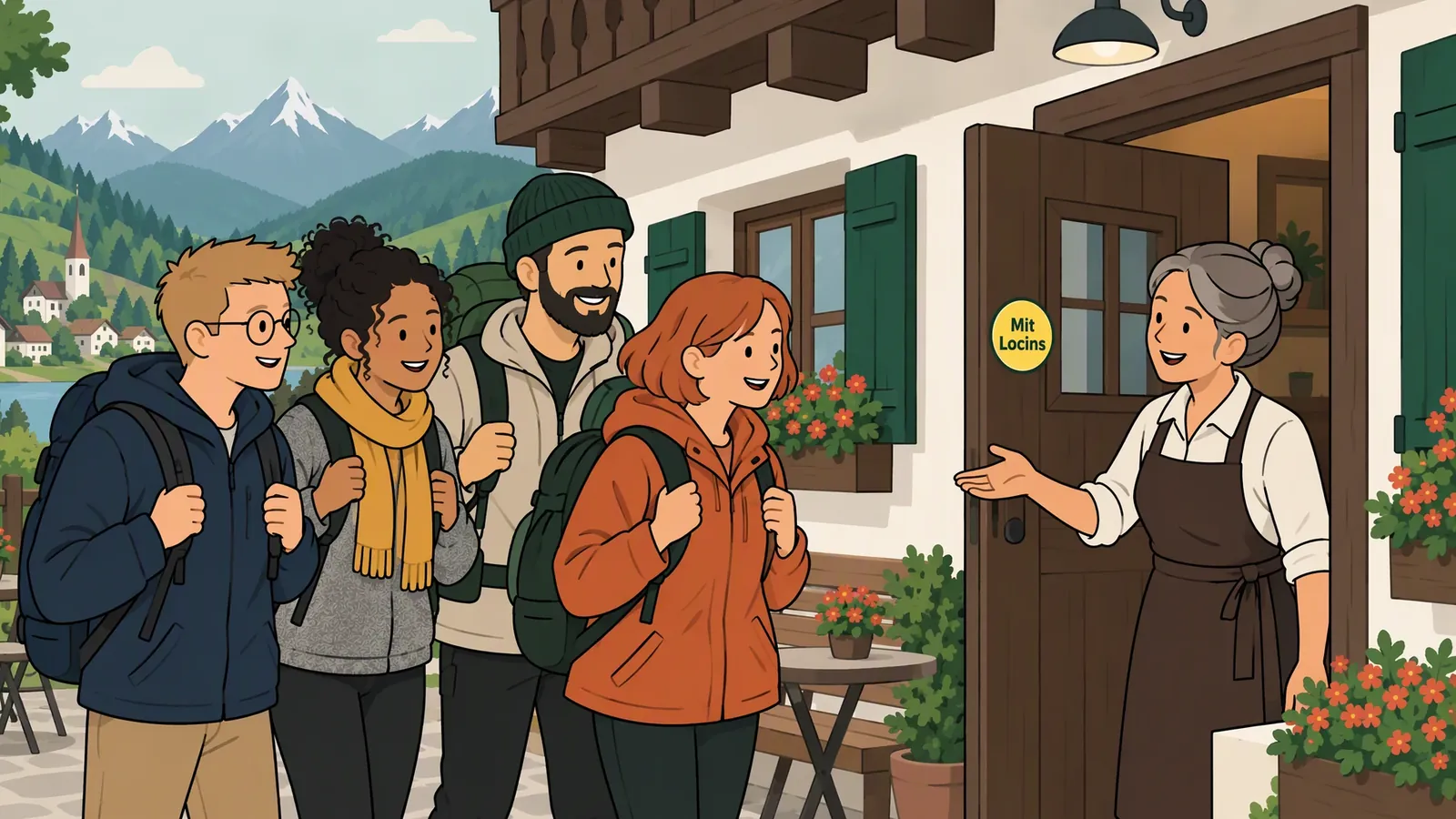 Standbild aus dem Locins-Film, gezeichnet: Eine Crew mit Rucksäcken kommt an einem Café in den Bergen an. Die Gastgeberin begrüßt sie an der Tür, daran der Sticker „Mit Locins“.